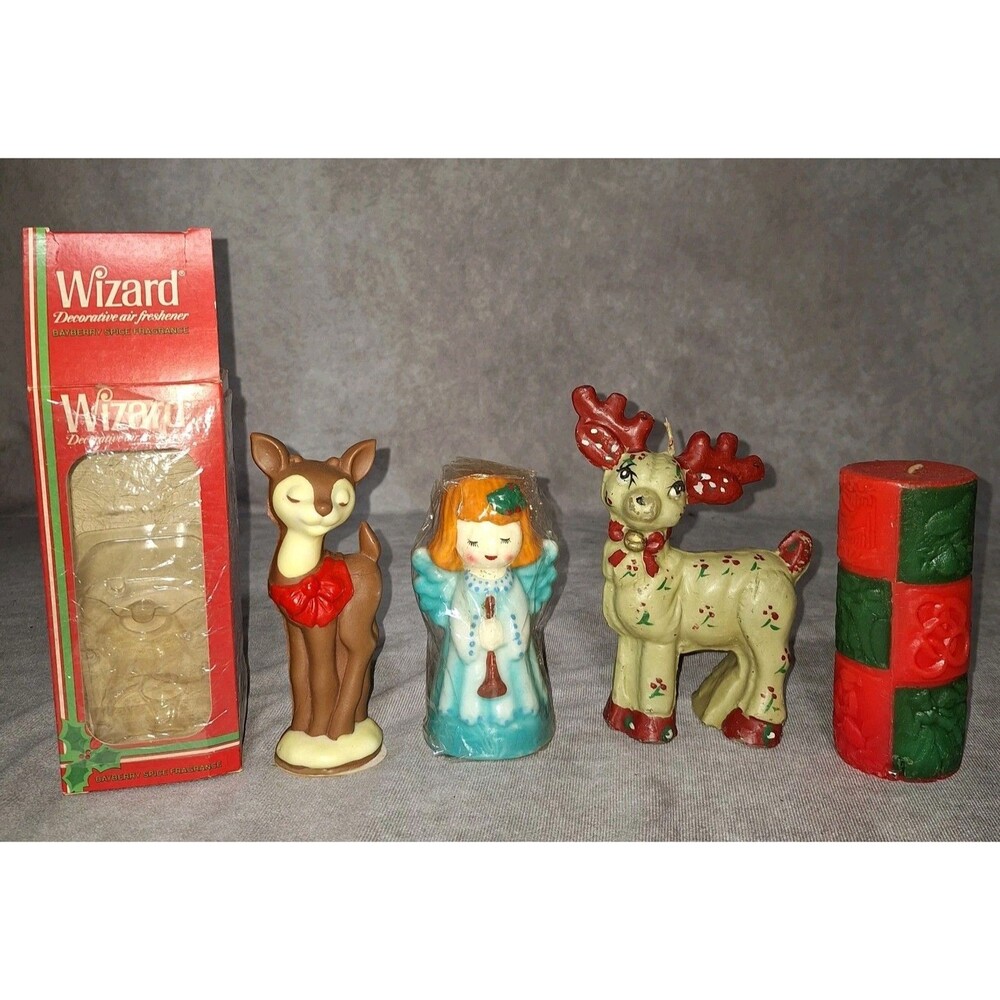 3 Gurley? Style Candles & 1 Wizard Air Freshner- Rudolph,  Reindeer, Angel,  Wax